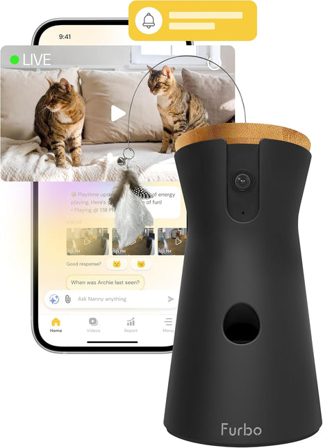 Furbo 360° Cat Camera [Subscription Required] Unlock w/Paid Plan: Home Security & Pet Safety Alerts, Rotating Treat Toss w/ 2-Way Speaker, Smart Cam w/Phone App (Low Risk, 3mo Min. Cancel Anytime)
