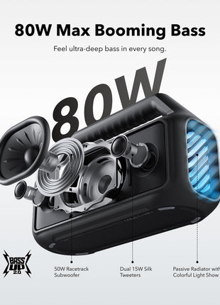 Soundcore Boom 2 By Anker, Outdoor Speaker, 80W, Subwoofer, BassUp 2.0, 24H Playtime, IPX7 Waterproof, Floatable, RGB Lights, USB-C, Custom EQ, Bluetooth 5.3, Portable for Camping and Beach - Black