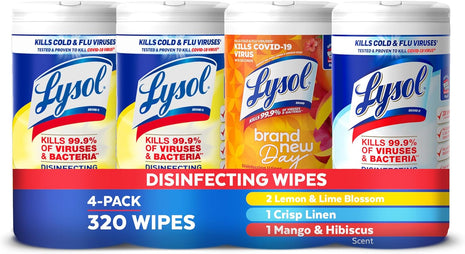 Lysol Disinfecting Wipes, Cleaner, Lemon + Mango + Linen, 80 ct. (4 Pack) | All Purpose Cleaner, Sanitizing, Deodorizing, Apartment Essentials, Back To School Cleaning Supplies, Kitchen & Bathroom Wipe