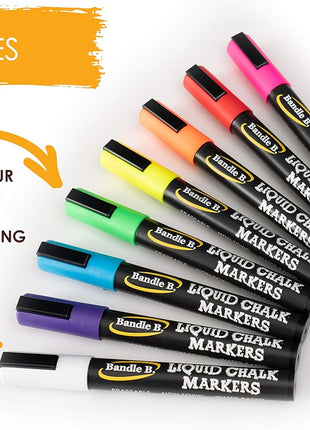 Bandle B. Chalk Markers - 8 Vibrant, Erasable, Non-Toxic, Water-Based, Reversible Tips. For Glass or Chalkboard Markers for Businesses, Restaurants, Liquid Drawing Chalk (Vibrant 6mm)