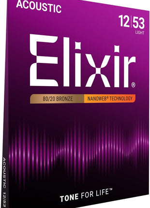Elixir Strings, Acoustic Guitar Strings, 80/20 Bronze with NANOWEB Coating, Longest-Lasting Bright and Focused Tone with Comfortable Feel, 6 String Set, Light 12-53