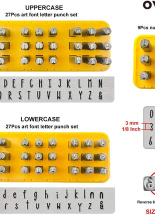 OWDEN Metal Stamps for Jewelry Making, Art Font Uppercase Letter Punch Set and Art Font Lowercase Letter Punch wtih 1 Set Number Punch Set Size:1/8 inch,3mm Stamps Hammer and Steel Bench Block