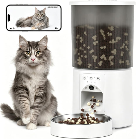 Automatic Cat Feeder, 4.5L Easy Install Pet Food Dispenser, 1080P HD Camera, 5GWIFI with Night Vision, Motion Alarm, Stainless Steel (White)