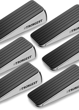 STRONGEST HOME Door Stoppers for Bottom of Door – Heavy Duty Metal Rubber Stopper, Non-Slip Door Stop for Heavy Doors, Works on Wood, Tile & Carpet Floors, Wedge Chrome 2 PCs + 2 White Wall Protectors