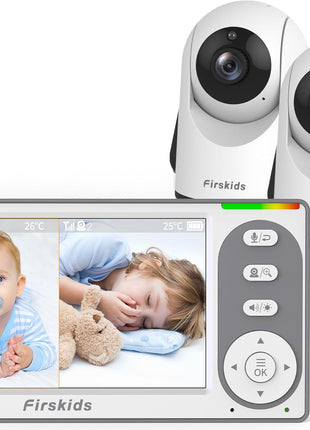 Split-Screen Baby Monitor with 2 Cameras No WiFi, 30H Battery, Pan-Tilt-Zoom, Monitor para bebés with Night Vision, 2-Way Audio, Room Temp Sensor, Lullaby, Plug & Play - Ideal for Travel