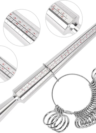 Ring Sizer Measuring Tool Kit, Ring Mandrel Measurer, 27 PCS Premium Steel Measuring Ring Tool, US Ring Size 0-13, 2 PCS Reusable Finger Size 1-17 USA Rings Size with Magnified Glass