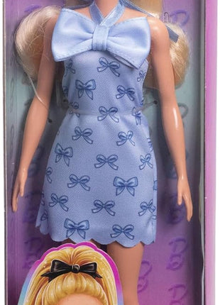 Barbie Fashionistas Doll #237 with Wavy Blonde Ponytail Wearing Blue Bow Halter Dress, Black Hair Bow Accessory and Matching Blue Heels | Blue Bow Halter Dress, Black Hair Bow Accessory, Matching Blue Heels