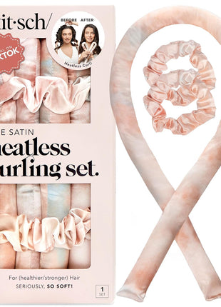 Kitsch Satin Heatless Curls Overnight Set - Sunset Tie Dye | No Heat Damage Overnight Curls | Comfortable Frizz Free Hair Curlers To Sleep In with 34" Hair Waver & 2 Satin Scrunchies