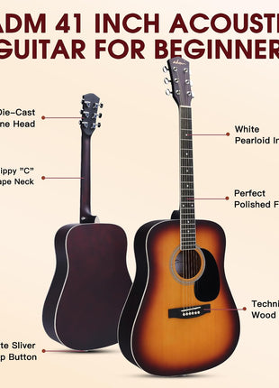 ADM Dreadnought Acoustic Guitar Kit with Free Lesson for Beginner Adult Teen Full Size Acustica Guitarra Starter Bundle Set w/Bag Strap Tuner Capo Pickguard Music Stand Right Hand(Sunburst, 41 Inch)