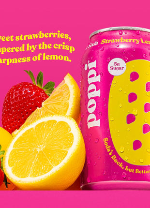 Poppi Sparkling Prebiotic Soda Beverage with Apple Cider Vinegar, Seltzer Water and Fruit Juice, Strawberry Lemon Flavor, 12 FL Oz, Pack of 12, Packaging May Vary