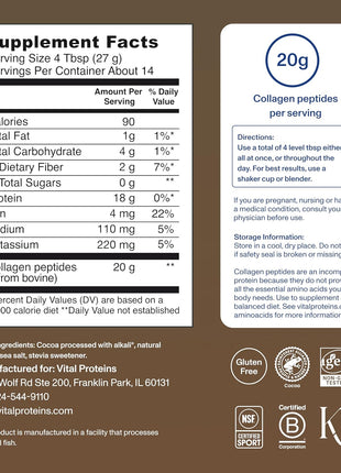 Vital Proteins Collagen Peptides Powder, Chocolate, 13.5oz | Grass-Fed Collagen Peptides, Supports Hair Skin & Nails, Bones & Joints, Chocolate Flavor, 14 Servings