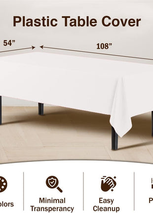 Exquisite 12 Pack Premium Plastic Tablecloth 54 Inch. x 108 Inch. Rectangle Table Cover White