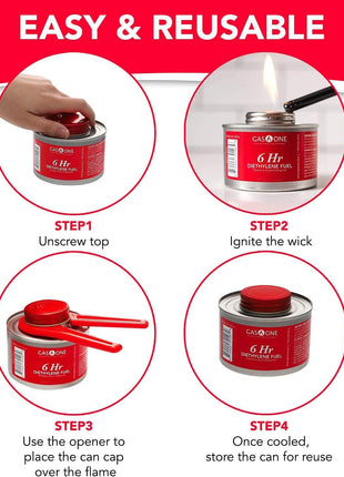 Gas One 12 Pack 6 Hour Chafing Fuel - Food Warmer for Chafing Dish Buffet Set - Reusable Liquid Safe Fuel With Wick & Lid Opener