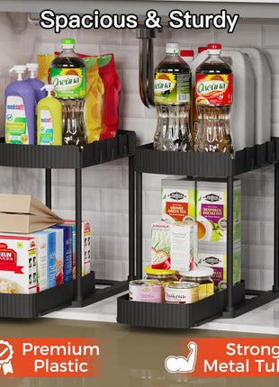 Ukeetap Multi-Purpose Pull-Out Storage Organizers, Under Sink/Cabinet Organizers and Storage for Bathroom & Kitchen, Black, 12.8 Inches, 2 Packs
