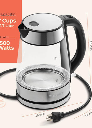 Speed-Boil Electric Kettle For Coffee & Tea - 1.7L Water Boiler 1500W, Borosilicate Glass, Easy Clean Wide Opening, Auto Shut-Off, Cool Touch Handle, LED Light. 360° Rotation, Boil Dry Protection