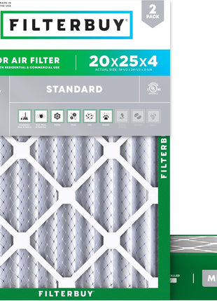 Filterbuy 20x25x4 Air Filter MERV 8 (MPR 700) Dust Defense Replacement (2-Pack), Electrostatic Pleated HVAC AC Furnace Filters, Made in USA (Actual Size: 19.50 x 24.50 x 3.63)