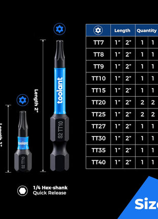 toolant 27PCS Impact Torx Bit Set TT7-TT40 S2 Steel Security Torx | CNC-machined S2 steel bits with 1" & 2" lengths, magnetic holder and storage box for lasting performance