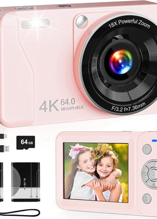 Digital Camera, 4K 64MP, 18X Zoom, Point and Shoot Digital Camera with 64GB TF Card & 2 Batteries, Portable Rechargeable Small Camera for Kids Teens Adult, Pink