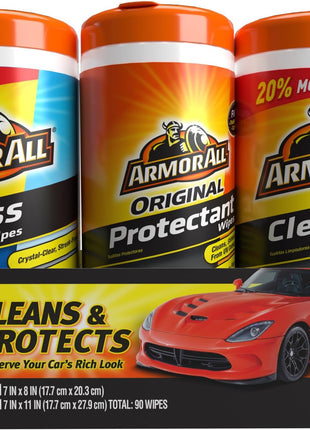Car Wipes Multi-Pack by Armor All, Cleans Vehicle Interior and Exterior, Includes Armor All Protectant Wipes, Glass Wipes, and Cleaning Wipes, 3-Pack, 30 Car Wipes Each
