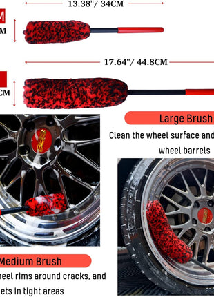 Professional 4 Pack Long Handle Wheel Brush Kit for Cleaning Wheel and Tire- 2X Soft Wheel Cleaning Brush, Detailing Brush and Stiff Tire Brush, Bendable& Durable Wheel Rim Cleaner Brush Set