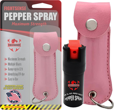 FIGHTSENSE Self Defense Pepper Spray - 1/2 oz Compact Size Maximum Strength Police Grade Formula Best Self Defense Tool for Women W/Leather Pouch Keychain