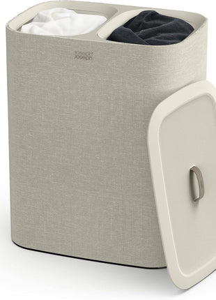 Joseph Joseph Tota 90 liter/23.8 gallon Laundry Hamper Separation Basket with lid, 2 Removable Washing Bags with Handles   Ecru