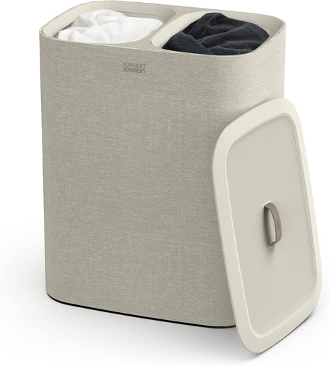 Joseph Joseph Tota 90 liter/23.8 gallon Laundry Hamper Separation Basket with lid, 2 Removable Washing Bags with Handles   Ecru