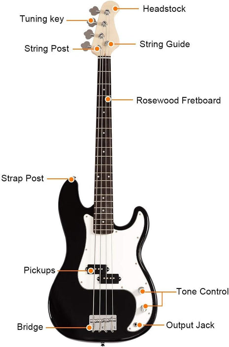 Costzon Full Size Electric 4 String Bass Guitar for Beginner Starter Complete Kit, Rose Fingerboard and Bridge, w/Two Pickups & Two Tone Control, Guitar Bag, Strap, Guitar Pick, Amp Cord (Black Bass)