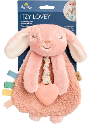 Itzy Ritzy - Itzy Lovey Including Teether - Baby Lovey with Teether, Textured Ribbons & Dangle Arms - Features Crinkle Sound, Sherpa Fabric and Minky Plush (Pink Bunny)