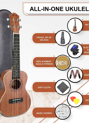 Ranch Concert Ukulele - Ukelele 23 inch Beginner Professional Kit with 12 Online Lessons, Gig Bag, Tuner, Strap, Aquila Strings Set