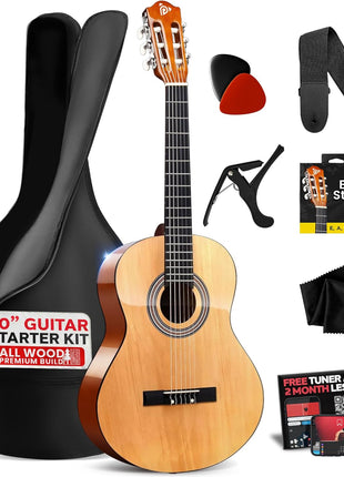 Pyle Beginner Acoustic Guitar Kit, 1/4 Junior Size All Wood Build Nylon Stringed Instrument with Capo, Strap, Extra String Set, Gig Bag, Guitars for Beginners Adults Youth, 30" Natural Gloss