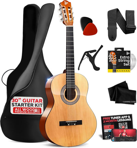 Pyle Beginner Acoustic Guitar Kit, 1/4 Junior Size All Wood Build Nylon Stringed Instrument with Capo, Strap, Extra String Set, Gig Bag, Guitars for Beginners Adults Youth, 30" Natural Gloss
