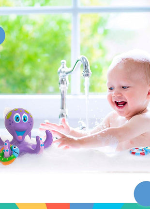 Nuby Floating Octopus with 3 Hoopla Rings - Baby & Toddler Bath Toy - No Hole Design Keeps Moisture Out - Fine Motor Skills - 18+ Months - Great Baby Pool Toys | 3 Hoopla Rings