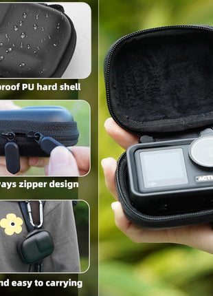 Carrying Case for DJI Osmo Action 5 Pro/6/4/3, Small Storage Bag for GoPro, PU Hard Travel Protector Case for Insta360 Ace/Ace Pro/2 with Wrist Strap & Carabiner Protective Accessories(Black)