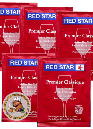 Red Star Premier Classique Wine Yeast (5 Pack) - Great for Making Wine Cider Mead Kombucha at Home - 5 g Sachets - Saccharomyces cerevisiae - Sold by CAPYBARA Distributors Inc.