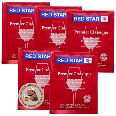 Red Star Premier Classique Wine Yeast (5 Pack) - Great for Making Wine Cider Mead Kombucha at Home - 5 g Sachets - Saccharomyces cerevisiae - Sold by CAPYBARA Distributors Inc.
