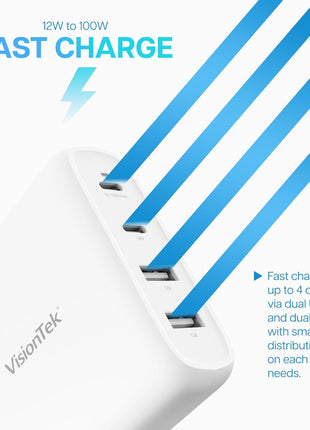 VisionTek 100W 4-Port USB-C Wall Charger, GaN Fast Charge, Foldable Plug | USB-C/USB-A PD Safe Fast Charging, GaN, Compact & Foldable Design, Travel Adapter, Universal Power Laptops, Tablets, Phones