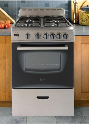 Avanti Compact Gas Range Oven 24-Inch with 4 Sealed Burners Automatic Electronic Ignition Large 2.6 cu.ft. Oven Storage Drawer Glass Door and Oven Light, in Stainless Steel
