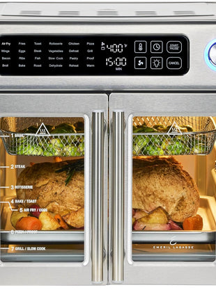 Emeril Lagasse 26QT French Door Multi-Function Air Fryer Toaster Oven | 26QT air fryer oven with French doors, 24 cooking functions, dual-speed fan and rotisserie for easy family meals.