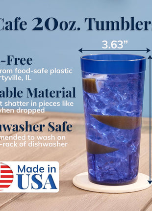 US Acrylic Cafe Plastic Reusable Tumblers (Set of 16) 20 ounce Water Cups Coastal Colors | Restaurant Style Drinking Glasses Value Set, Stackable, BPA free, Made in the USA | Top rack Dishwasher Safe