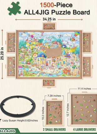ALL4JIG 1500 Pieces Rotating Puzzle Board with 6 Drawers and Cover,24.92"x33.58"Portable Wooden Jigsaw Puzzle Table for Adults,Lazy Susan Spinning Puzzle Boards Gift for mom,Surface for Lego Building