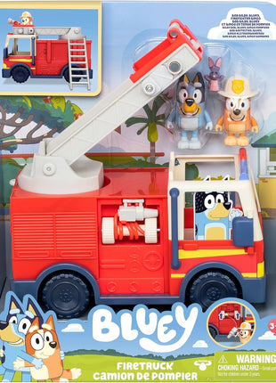 Bluey Firetruck Toy Playset with Firefighter Bingo, Bluey & Bob Bilby, Toddler Fire Truck w/ Spinning Ladder, Water Hoses for Kids Ages 3+