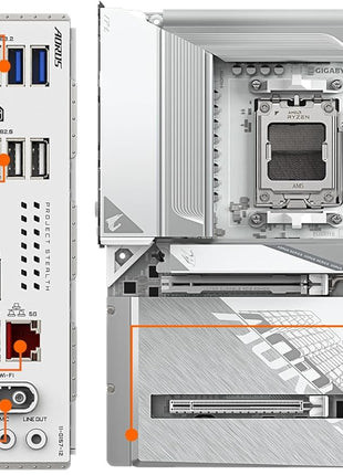 GIGABYTE B850 AORUS Stealth ICE Reverse-Connect ATX Motherboard, Support AMD Socket AM5 Processors, DDR5, 14+2+2 Power Phase, 4X M.2, PCIe 5.0, USB-C, WIFI7, 5GbE LAN, EZ-Latch, 5-Year Warranty