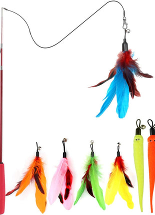 Cat Toys for Indoor Cats, Interactive Cat Toy 2PCS Retractable Wand Toy and 9PCS Cat Feather Toys Refills, Funny Kitten Toys Cat Fishing Pole Toy for Bored Indoor Cats Chase and Exercise