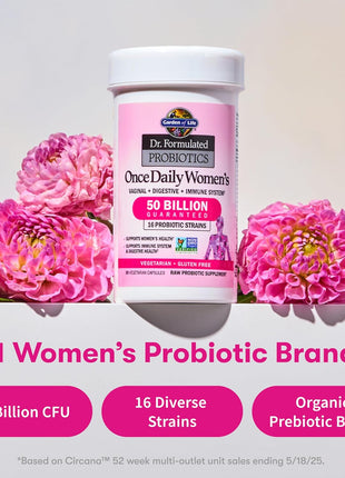 Garden of Life Once Daily Dr.Formulated Probiotics for Women 50 Billion CFU 16 Probiotic Strains with Organic for Digestive,Vaginal & Immune Health,Dairy Free,Shelf Stable 30 Capsules (Pack of 6)