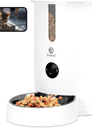 Automatic Cat Feeders, Podazz 1080P HD Camera Timed Auto Cat Dog Feeder with Smart App, 5G WiFi Dry Food Dispenser 2-Way Audio, Voice Recorder, Night Vision, Non-Stick Food Bowl (White)