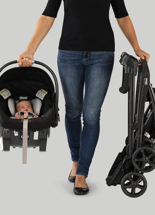 Chicco KeyFit Caddy Baby Stroller Frame with Adjustable Handle, Parent Tray | Accepts all Chicco infant car seats, compact travel stroller, under 12 lbs, all-wheel suspension, cup holders, Black/Black