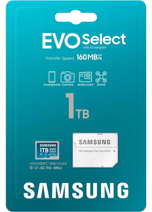 Samsung EVO Select 1TB microSDXC Memory Card + Adapter, Up to 160MB/s | UHS I, C10, U1, V10, A1, microSD for Mobile Phone, Smartphones, Nintendo Switch, and Tablets (MB-ME1T0SA/AM)
