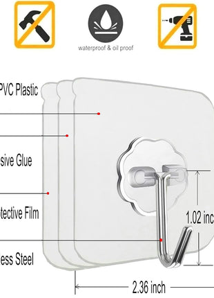 24 Pack Self Adhesive Hooks Heavy Duty - 33lb Max, Transparent, Waterproof, Sticky Wall Hooks for Keys, Bathroom, Shower, Outdoor, Kitchen, Door, Home Improvement, Utility Hooks