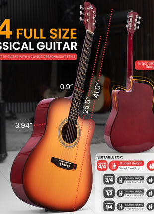 Pyle Steel String Acoustic Guitar Kit, 4/4 Full Size Cutaway All-Wood Guitarra Acustica with Premium Accessory Set and Upgraded Gig Bag, 41" Cherry Burst Glossy